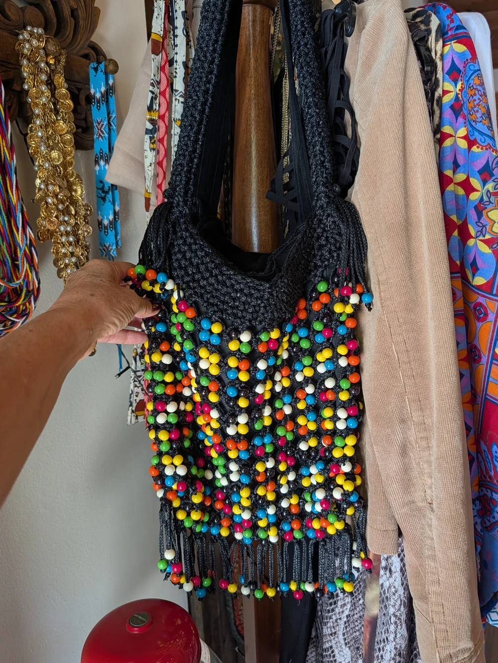 Handmade Black Beaded Fringe Shoulder Bag with Multicolor Beads